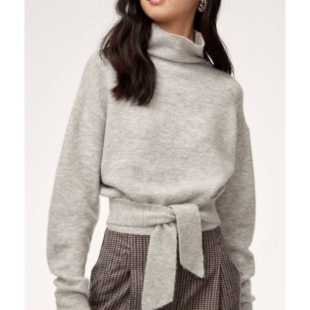 Aritzia Alpaca Wool Blend Sweater Womens Small Grey Cropped Turtle Neck Belted